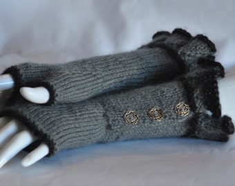 Fingerless Gloves - Gray and Black - Hand Knitted - Steampunk - Victorian Style - Ruffles