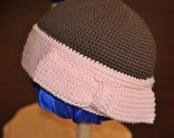 Hand Crochet Baby Beanie: Brown & Pink Bow Hat (3-9 Months)