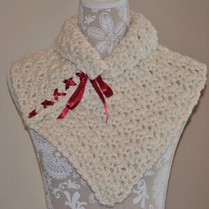 Hand Crocheted Chunky Cowl: Cream Acrylic Neck Warmer with Ribbon