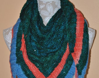 Hand Knit garden shawl - Shades of Green & light blue with hints of peach -  Ladies Winter Accessory - Winter Gear