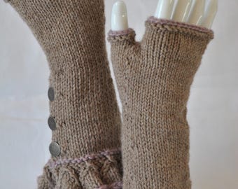 Tan/Beige and Light Purple Knitted Fingerless Gloves, Victorian, Steampunk, OOAK Knitted Gift - Adult Medium
