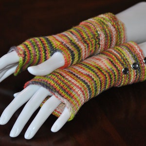 Hand Knit Merino Wool Fingerless Gloves: Vibrant Fall Colors, Button Cuff