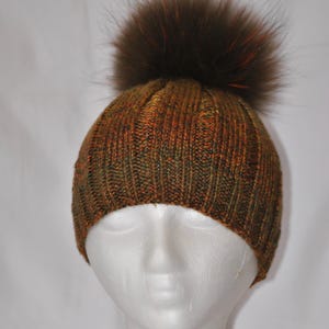 Hand Knit Hat - Ribbed Green and Orange Sock Cap with Raccoon Fur Pom - Removable Pom - Teenager / Small Woman Hat - Winter Accessory