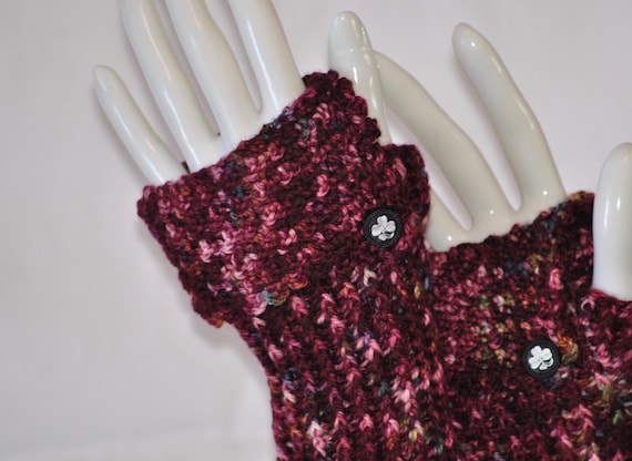 Hand Crochet Fold Over Cuff Fingerless Gloves - Adult Small to Medium Gloves - Handmade - Cranberry Wine Color