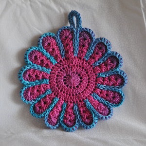 Handmade Crocheted Trivet: Pink, Purple & Blue Hanging Kitchen Decor