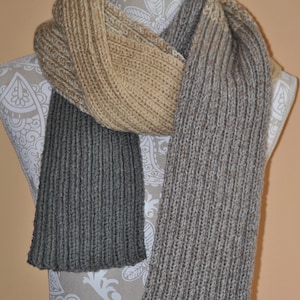Hand Knit Tan and Gray Scarf - Unisex Winter Accessory