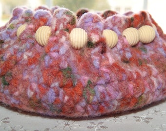 Felted Yarn Bowl, Bead Accents, Gathered Top Edge