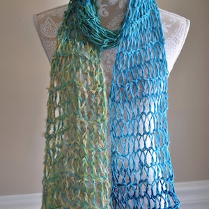 CLEARANCE 35% OFF - Ribbon Scarf - Hand Knit - Blue Tones - Scarf Style Cowl - Ladies Summer Wrap - Lacy Accessory -  Long Scarf