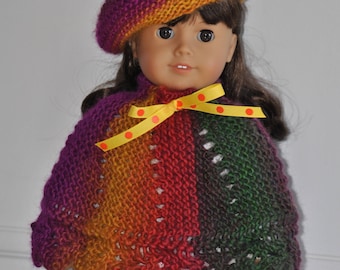 Poncho Beret 18 Inch Doll - Outfit for 18 inch doll - Hand Knit -Multi-Colored Doll Clothing - Doll Accessory