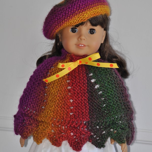 Poncho Beret 18 Inch Doll - Outfit for 18 inch doll - Hand Knit -Multi-Colored Doll Clothing - Doll Accessory