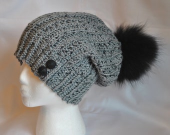 Adult Woman Girl Slouchy Hat - Ladies Crochet Beanie - Gift for Her - Gray and Black Tweed with Pom Pom - Winter Accessory