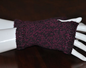 Hand Knit Fingerless Hand Warmer Gloves ~ Purple and Black Tweed Mittens ~ Adult Small Medium Large