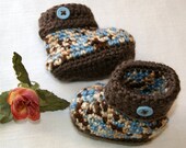 Hand Crocheted Baby Booties: Blue Tweed Cuffed Infant Shoes (3-6 Months)