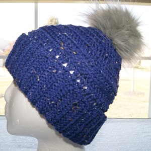 Rolled Brim Beanie PomPom, Navy Hat Silver Faux Pom, Hand Crochet Adult Hat