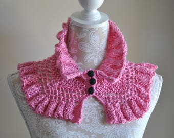 CLEARANCE 35% OFF - Bright Pink Knit Neckwarmer, Ruffled Silk Scarf, Lightweight Ribbed Scarf, Hand Knit OOAK gift