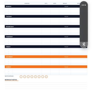 May include: A weekly workout log template featuring a header with the text WEEKLY WORKOUT LOG and TRACK EVERY SET, REP & WEIGHT. The grid includes columns for exercise, sets, reps, weight, and notes, with rows for each day of the week and water intake.