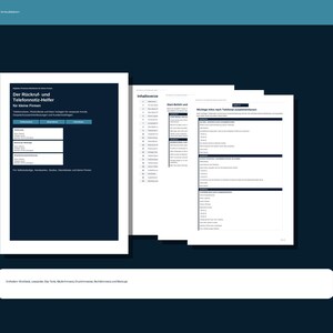 Könnte beinhalten: Ein digitales Dokumentenset mit dem Titel Der Rückruf- und Telefonnotiz-Helfer für kleine Firmen, bestehend aus einem dunkelblauen Deckblatt mit weißem Text sowie weißen Seiten mit Inhaltsverzeichnis und strukturierten Telefonnotiz-Vorlagen.