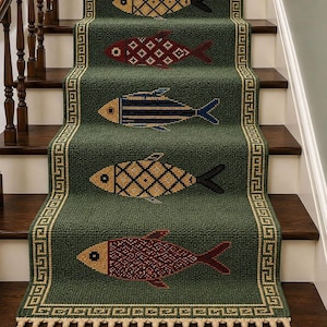 Puede incluir: Una alfombra de escalera verde oscuro con un patrón repetitivo de peces estilizados en amarillo, rojo y azul con diseños geométricos. La alfombra tiene un borde de greca en color crema y una fila de borlas color crema en el borde inferior.