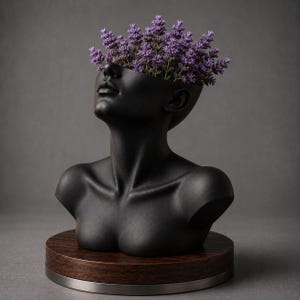 May include: A matte black bust planter shaped like a human head and shoulders, with the top of the head open to hold a cluster of purple lavender flowers. The sculpture rests on a circular dark wood base with a metallic silver trim at the bottom.