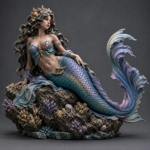 Pode incluir: Uma estatueta detalhada de sereia com longos cabelos escuros e fluidos adornados com conchas, vestindo um top azul decorado com conchas. A sereia tem uma cauda iridescente azul e roxa e repousa sobre uma base rochosa texturizada coberta de coral.