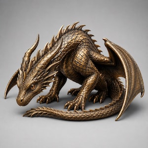 May include: A bronze-colored dragon figurine featuring intricate scale textures, sharp dorsal spines, and large wings. The creature is depicted in a crouching position with its head lowered, showcasing detailed claws and a long, curved tail.