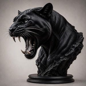 Può includere: Un busto scultoreo di pantera nera che mostra un'espressione ringhiante con denti, zanne e baffi visibili. La testa felina è realizzata con una finitura scura e testurizzata, montata su una base circolare di colore nero.