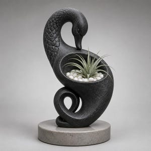 Könnte beinhalten: Eine dunkelgraue, texturierte Pflanzgefäß-Skulptur in Schwanenform mit geschwungenem Hals und hohler Mitte. Das Gefäß enthält eine kleine grüne Luftpflanze, eingebettet zwischen glatten weißen Kieselsteinen, auf einem runden, hellgrauen Steinsockel.