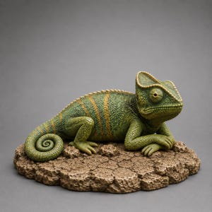 Puede incluir: Una figura de camaleón verde con rayas verticales amarillas y una superficie de piel texturizada y rugosa. El camaleón tiene la cola enroscada y descansa sobre una base rocosa, marrón y agrietada que imita una textura de suelo seco.