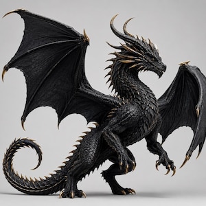 May include: A black dragon figurine with textured scales, large outstretched wings, and sharp golden claws and horns. The creature stands in a dynamic pose with its long, curved tail coiled at the base, featuring intricate detailing across its body.