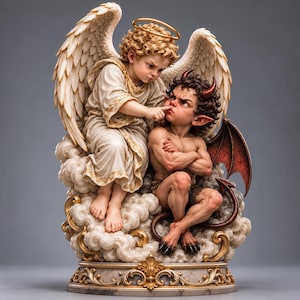 Könnte beinhalten: Eine dekorative Figur, die einen hellhäutigen Engel mit großen gefiederten Flügeln und einem goldenen Heiligenschein zeigt, der die Nase einer kleinen, dunkelhäutigen Teufelsfigur mit roten Hörnern, Fledermausflügeln und einem Schwanz berührt.