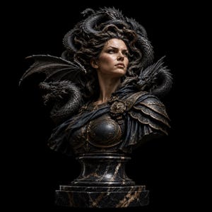Krigarkvinna, drakebyst STL | Fantasiskulptur, väktarstaty (digital nedladdning)