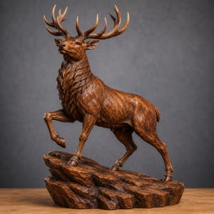 May include: A brown, carved sculpture of a standing stag with large, detailed antlers. The deer is depicted in a dynamic pose with one front leg raised, positioned on a textured, rocky base that mimics a natural, uneven terrain surface.