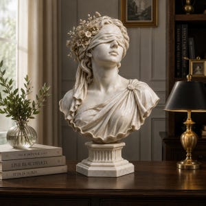 May include: A white marble-style bust of a blindfolded figure with wavy hair adorned with small flowers. The figure wears a draped garment secured with a circular brooch at the shoulder, set upon a square pedestal base with fluted detailing.