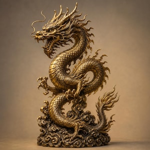 Puede incluir: Una estatua de dragón de color oro metálico con detalles intrincados de escamas, un cuerpo largo y serpentino, garras afiladas y una melena fluida. El dragón se muestra en una posición enroscada, elevándose desde una base de nubes esculpidas.