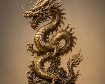 May include: A metallic gold-colored dragon statue featuring intricate scale detailing, a long serpentine body, sharp claws, and a flowing mane. The dragon is depicted in a coiled position, rising from a base of sculpted clouds with a fierce expression.