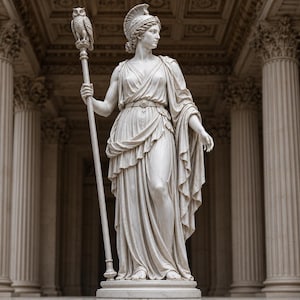 Estátua de Atena da Grécia Antiga em formato STL | Escultura em mármore da mitologia grega, guerreira com bastão de coruja (Download digital)