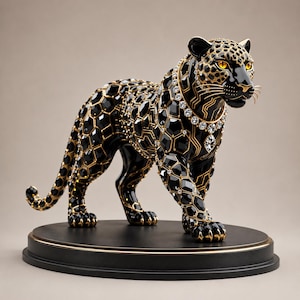 Lyxig Black Panther STL-fil, juvelbeströdd leopardstaty, geometrisk stor kattfigur, modern djurlivsdekor, 3D-utskrift digital fil