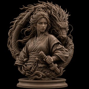 Warrior and Dragon Bust STL | Mythical Guardian Sculpture (Digital Download)