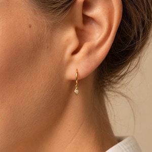 Gold Huggie Hoops, Dainty Hoop Earrings, Diamond Shape CZ Dangle Earrings, Minimalist Bridal Jewelry, Gift for Her, Gold or Silver for Women