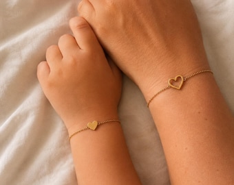 Mommy and Me Bracelet Set, Mama and Daughter Matching Heart Bracelets, Adjustable Stainless Steel Jewelry, Gold or Silver, 2-4 Pcs