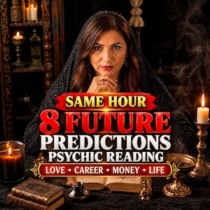 May include: A person wearing a black head covering with text that reads SAME HOUR 8 FUTURE PREDICTIONS PSYCHIC READING LOVE CAREER MONEY LIFE, surrounded by lit candles, an open book, and metallic candle holders in a dark setting.