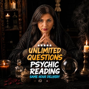 以下が含まれることがあります： UNLIMITED QUESTIONS PSYCHIC READING SAME HOUR DELIVERYというテキストと5つの白い星が描かれたサイキックリーディングサービスの広告。画像には水晶玉、キャンドル、暗い雰囲気の装飾が含まれています。
