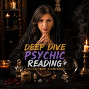 May include: A person wearing a black lace head covering and dark clothing sits behind a table with a crystal ball, candles, and small containers. The text reads: DEEP DIVE PSYCHIC READING Release Core Blocks • Gain Life Clarity in gold, purple, and white.