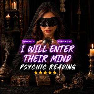Pode incluir: Uma pessoa com véu e venda de renda preta segura uma bola de cristal transparente. O texto diz: DETAILED! SAME HOUR! I WILL ENTER THEIR MIND PSYCHIC READING. Cinco estrelas amarelas aparecem abaixo do texto, com velas e caixas.