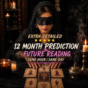 Pode incluir: Uma pessoa com uma venda de renda preta e roupa preta sentada atrás de uma mesa com cartas de tarot. O texto diz: EXTRA DETAILED 5 STARS 12 MONTH PREDICTION FUTURE READING SAME HOUR / SAME DAY. Velas acesas e fumo de incenso são visíveis.