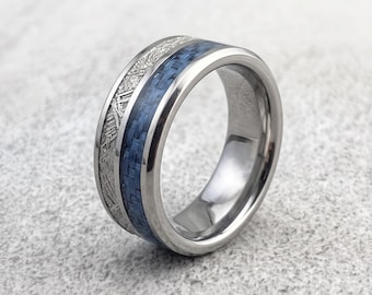 Tungsten Carbide Ring | Meteorite Carbon Fiber Inlay Tungsten Ring | Blue Abalone Shell Inlay Rings for Men | Wedding Band Jewelry Gift