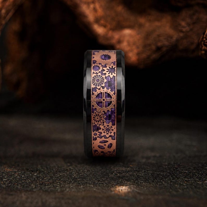 Central Rings On Rims Tungsten Carbide Gear Wheel Ring | Purple Carbon Fiber Inlay | Black ...