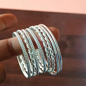 Handmade Sterling Silver Stacking Bangles, Set of 8, Boho Jewelry