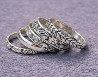 925 Sterling Silver Ring Set, 5 Piece Stacking Rings, Silver Stackable Rings, Floral Boho Ring Set, Women Gift, Handmade Silver Jewelry
