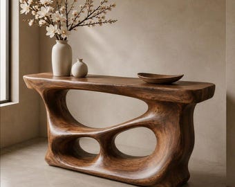 Consoletafel van organisch sculpturaal hout, modern halmeubilair, massief houten decor